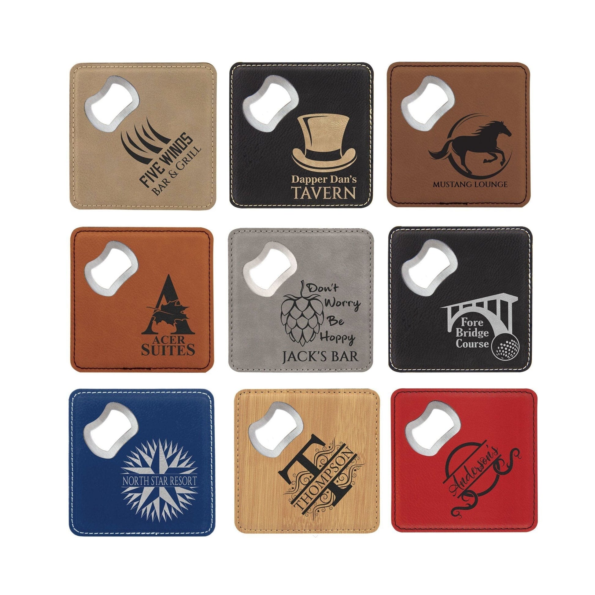 Square Drink Coaster w/Opener, 4" x 4" Laserable Leatherette Signature Cutouts 