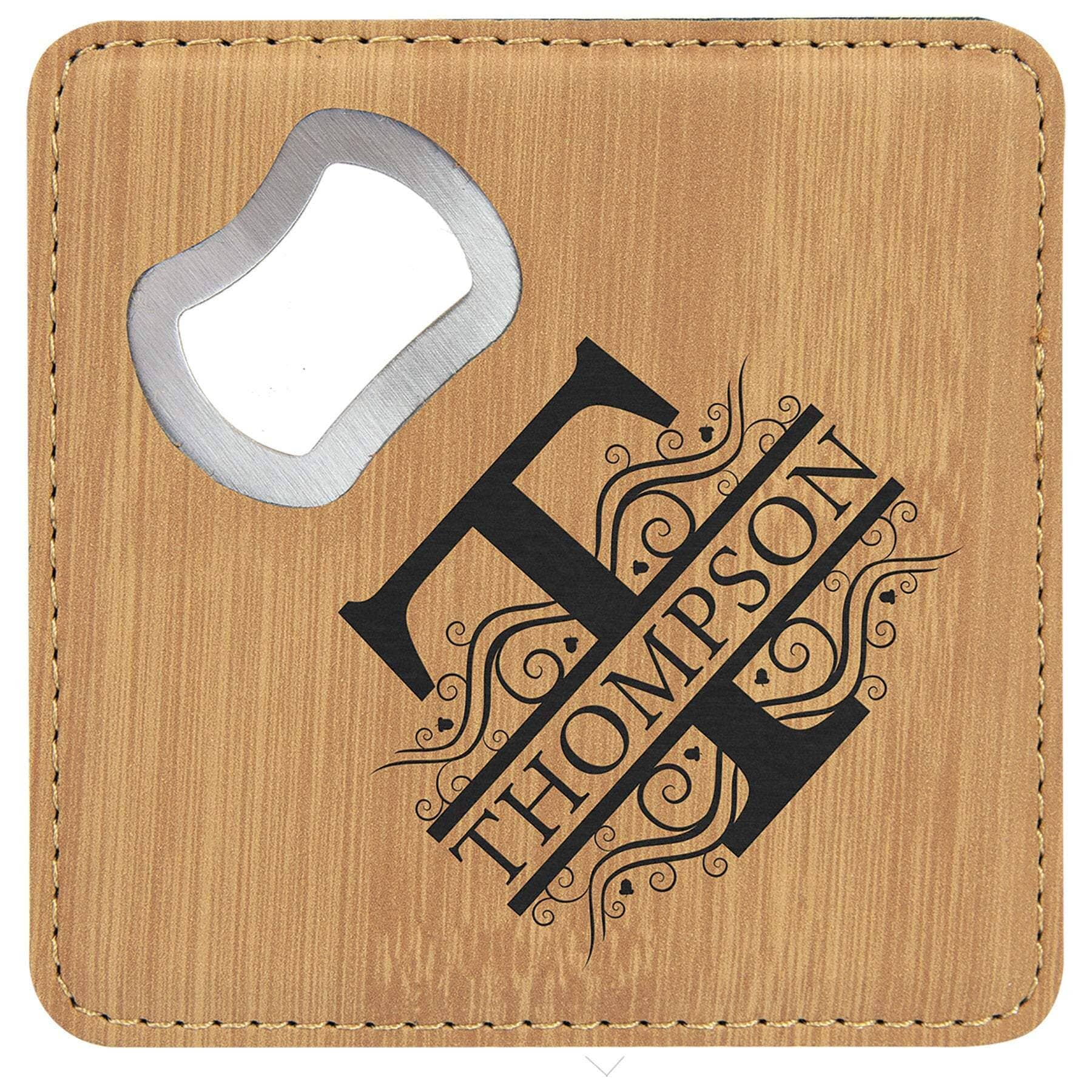 Square Drink Coaster w/Opener, 4" x 4" Laserable Leatherette Signature Cutouts Bamboo/Black 