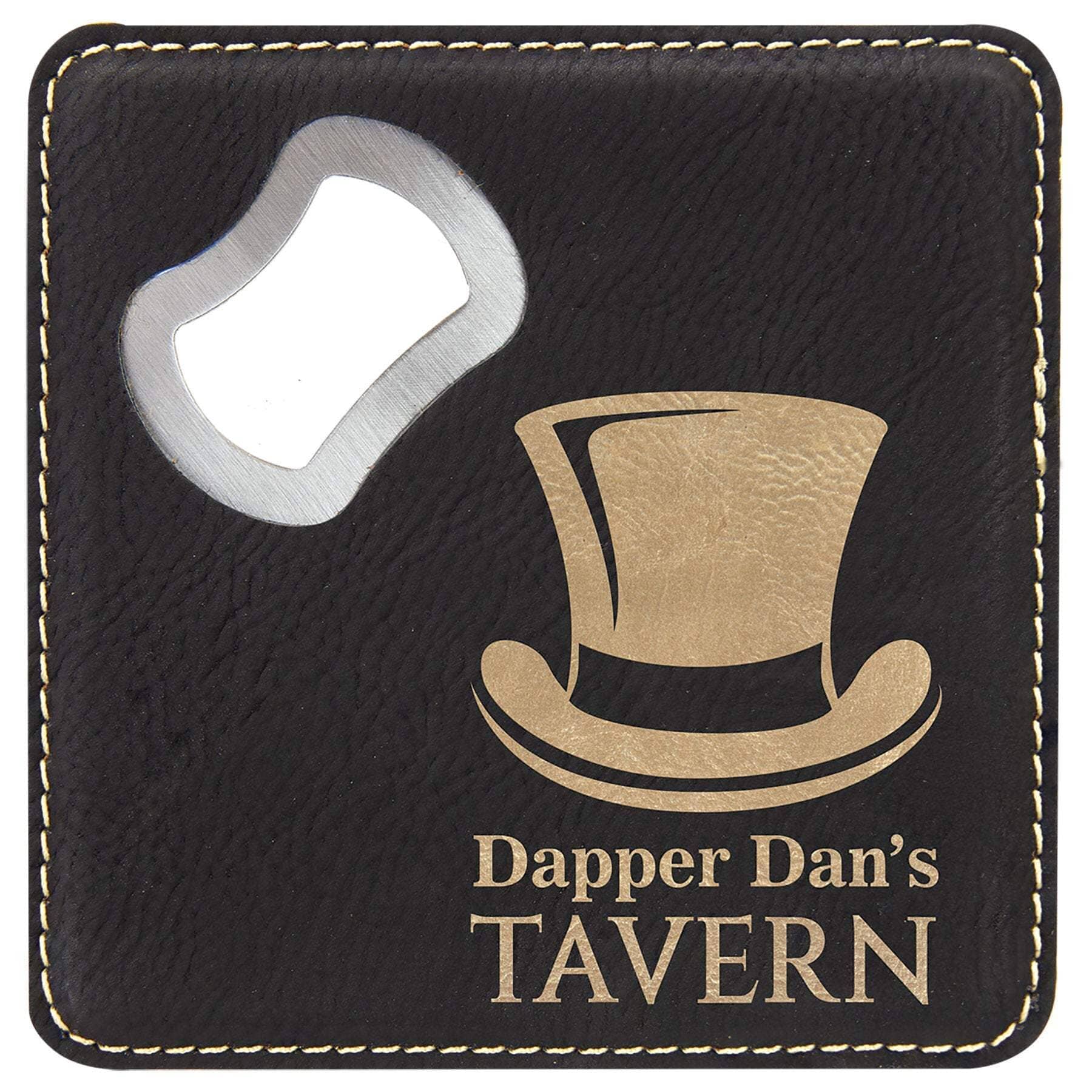 Square Drink Coaster w/Opener, 4" x 4" Laserable Leatherette Signature Cutouts Black/Gold 