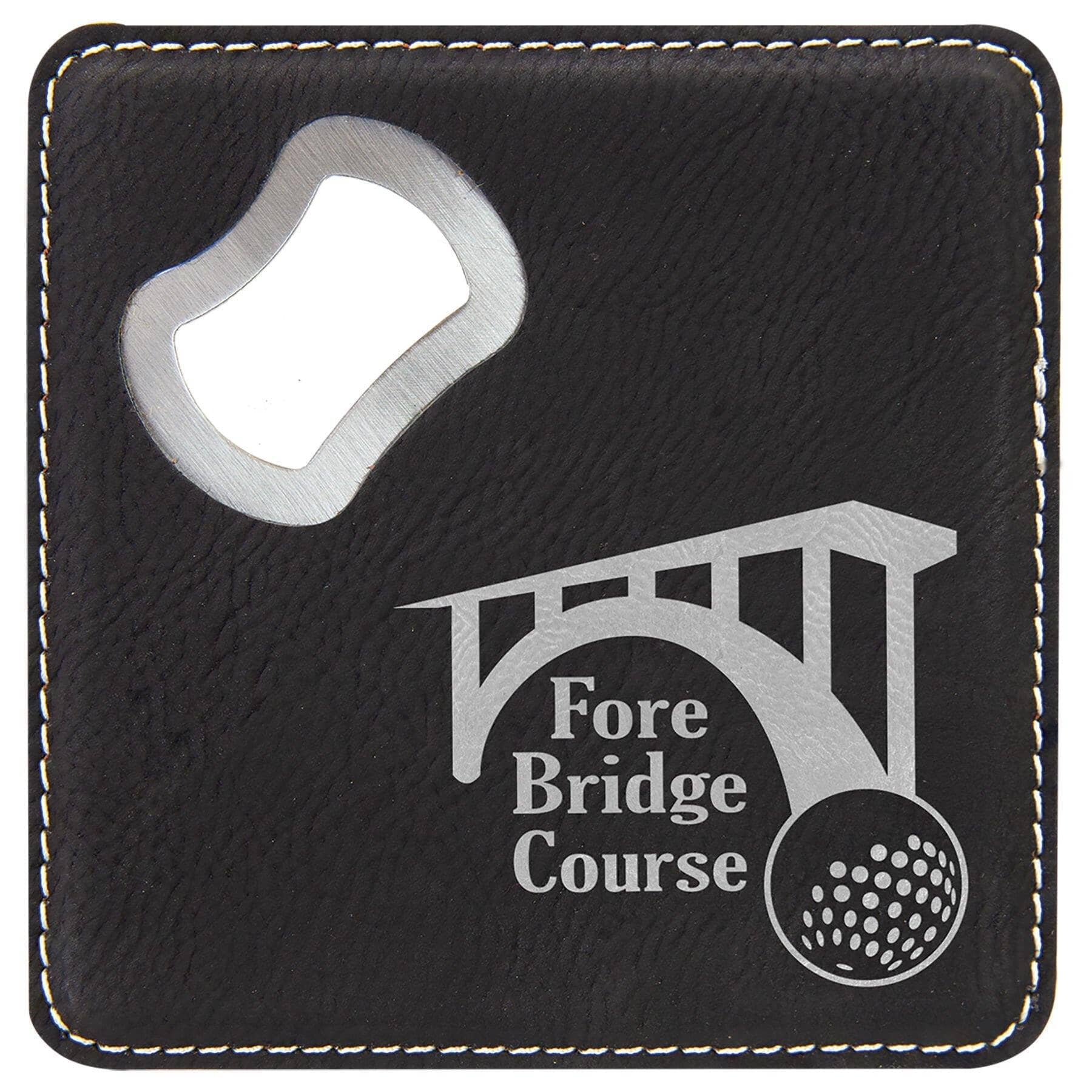 Square Drink Coaster w/Opener, 4" x 4" Laserable Leatherette Signature Cutouts Black/Silver 