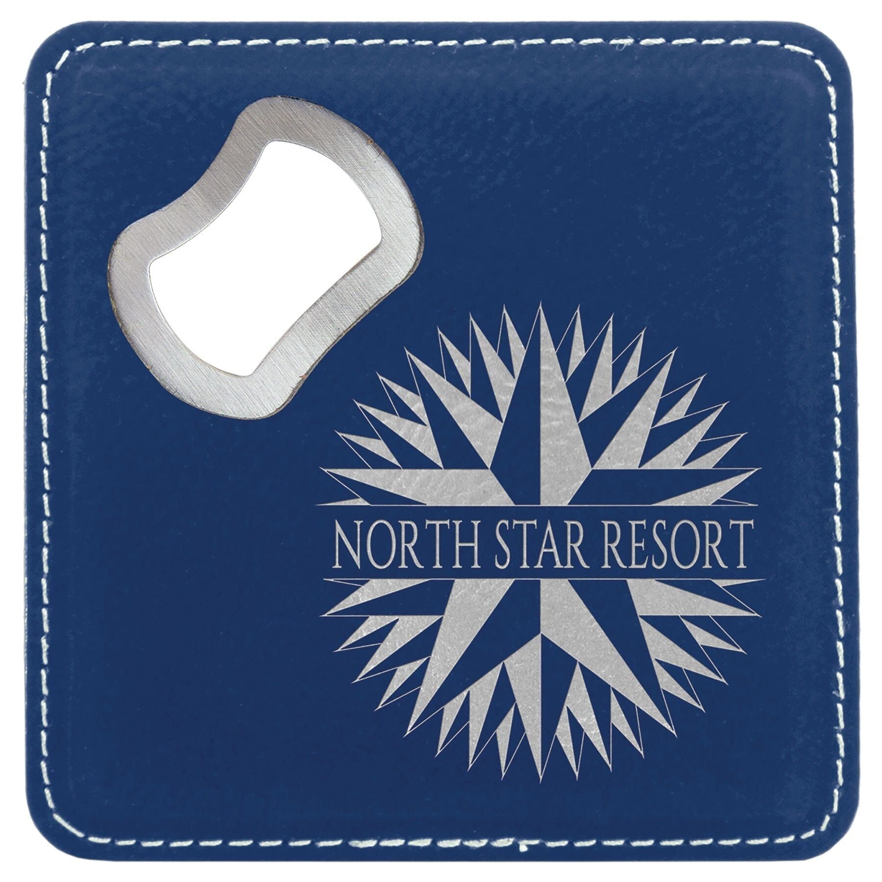 Square Drink Coaster w/Opener, 4" x 4" Laserable Leatherette Signature Cutouts Blue/Silver 