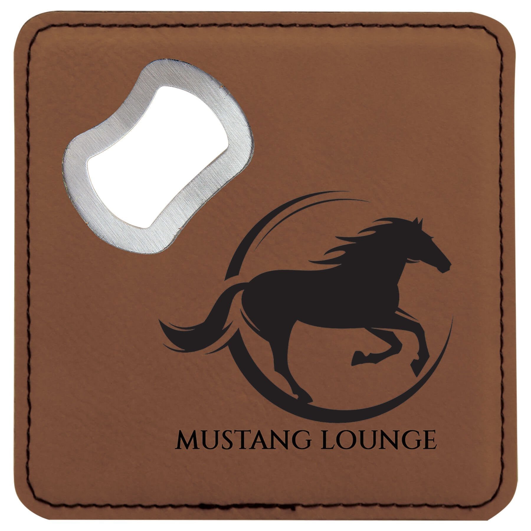 Square Drink Coaster w/Opener, 4" x 4" Laserable Leatherette Signature Cutouts Dark Brown/Black 