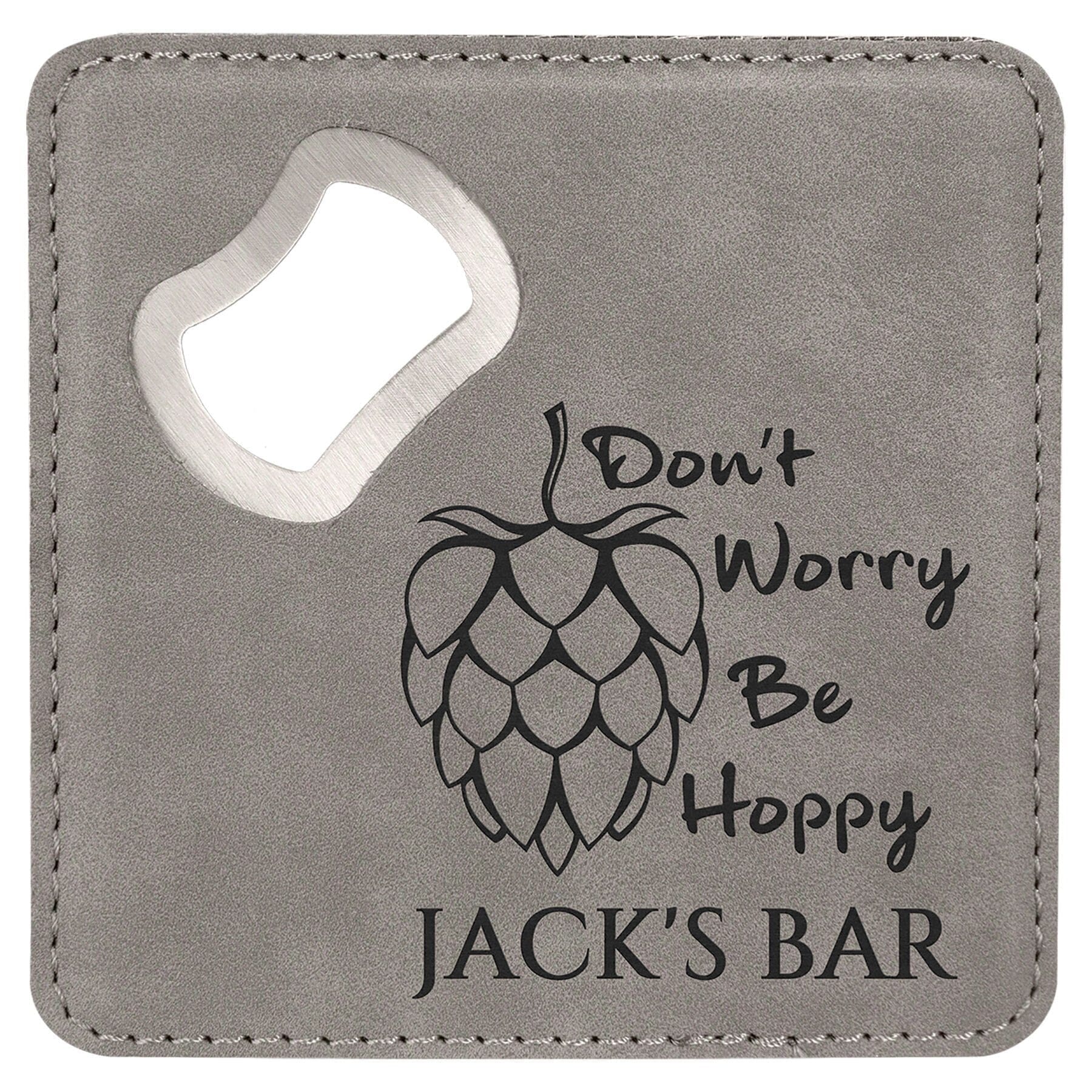 Square Drink Coaster w/Opener, 4" x 4" Laserable Leatherette Signature Cutouts Gray/Black 