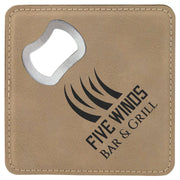Square Drink Coaster w/Opener, 4" x 4" Laserable Leatherette Signature Cutouts Light Brown/Black 