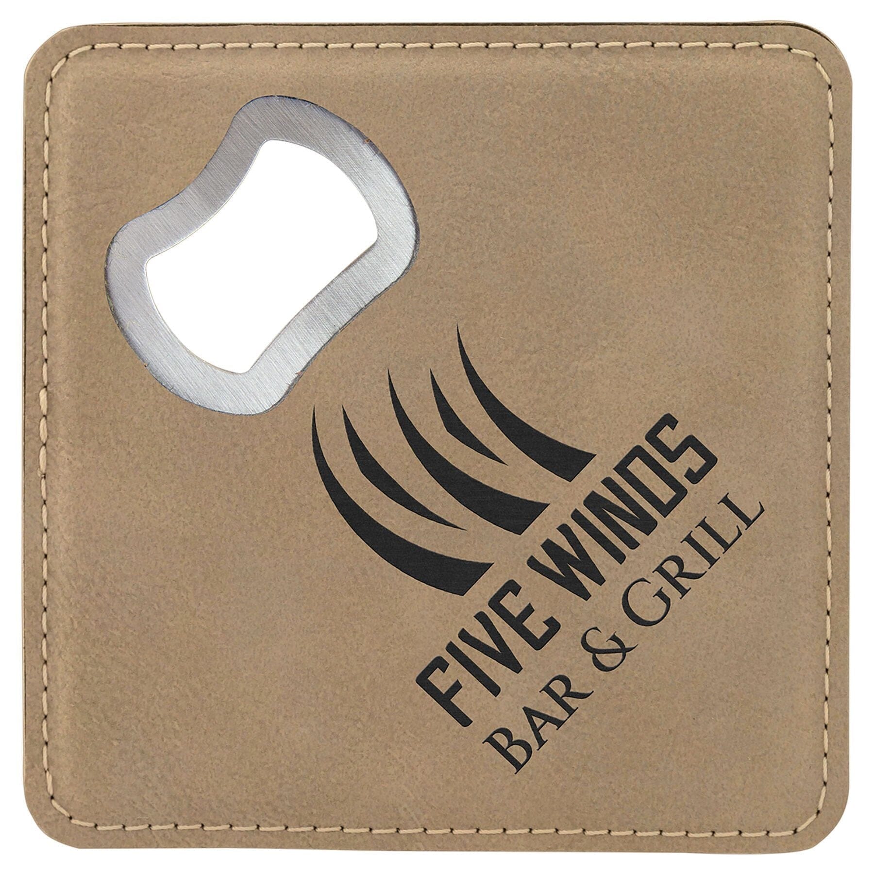 Square Drink Coaster w/Opener, 4" x 4" Laserable Leatherette Signature Cutouts Light Brown/Black 