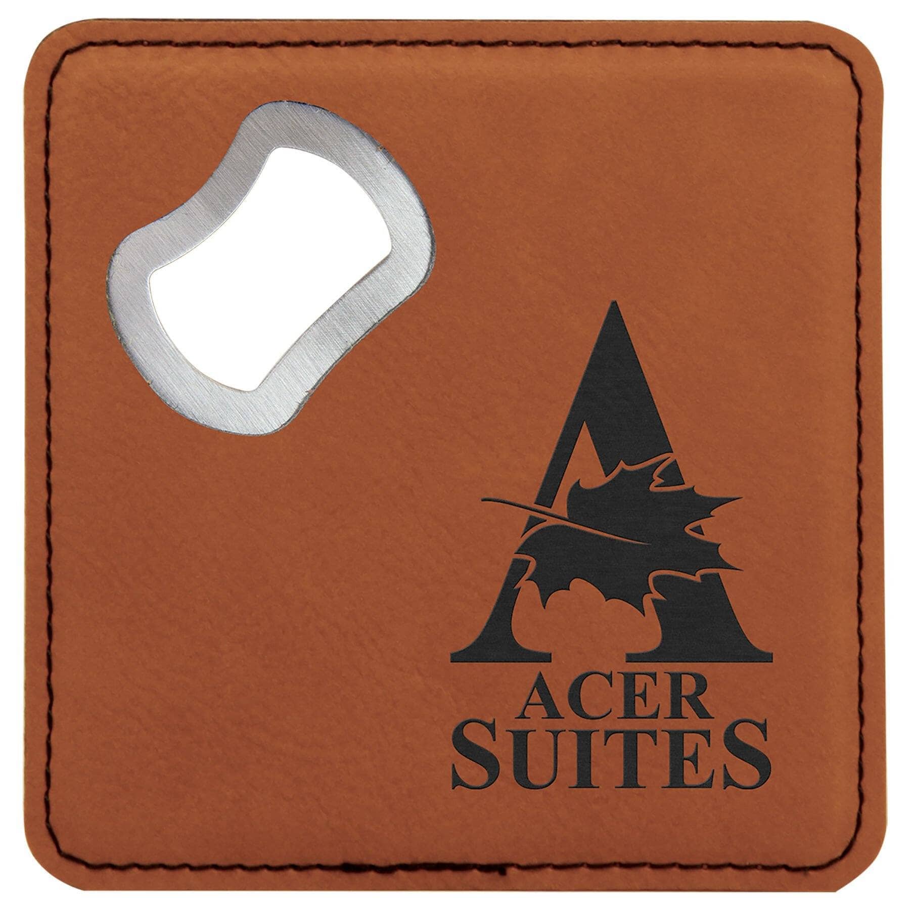 Square Drink Coaster w/Opener, 4" x 4" Laserable Leatherette Signature Cutouts Rawhide/Black 