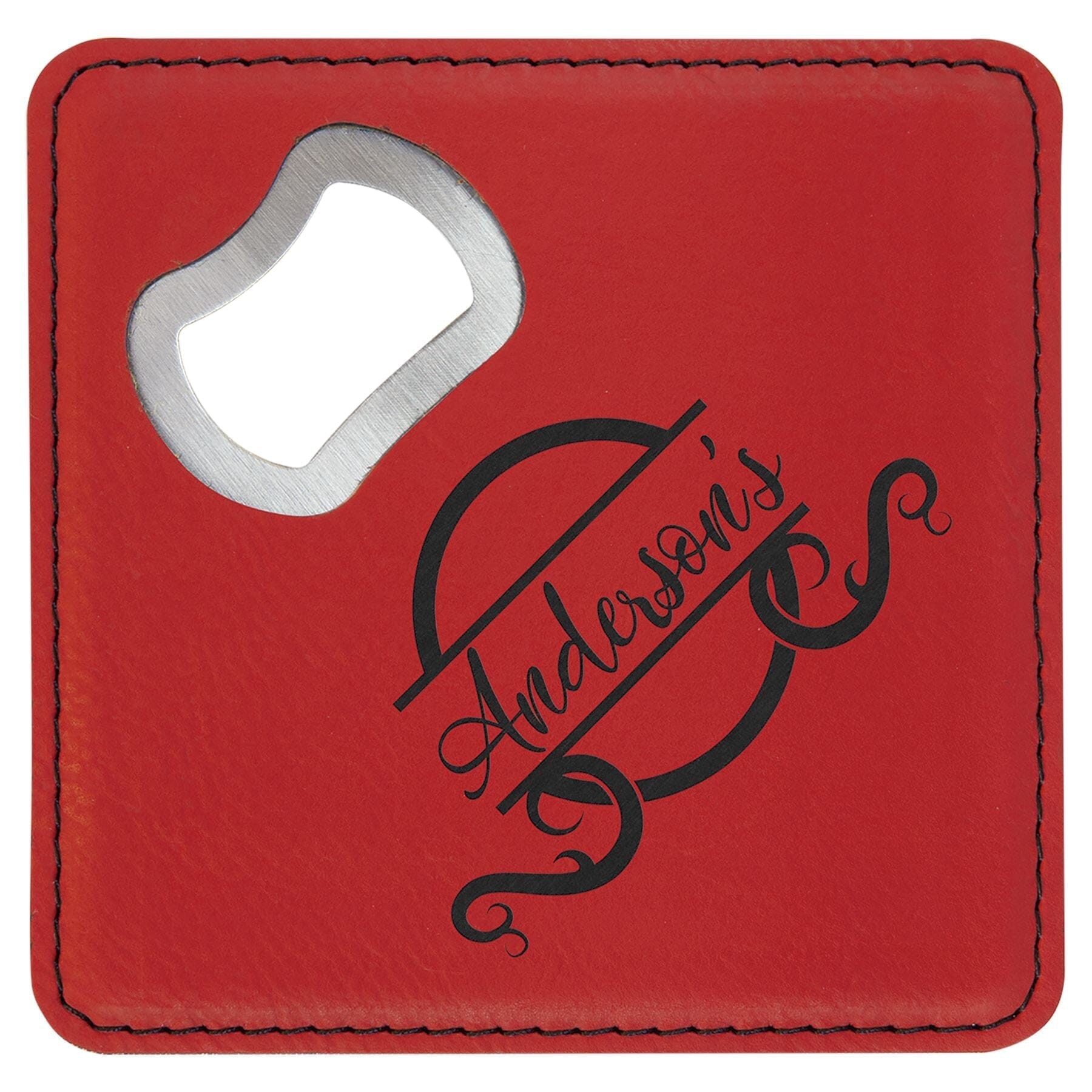 Square Drink Coaster w/Opener, 4" x 4" Laserable Leatherette Signature Cutouts Red/Black 