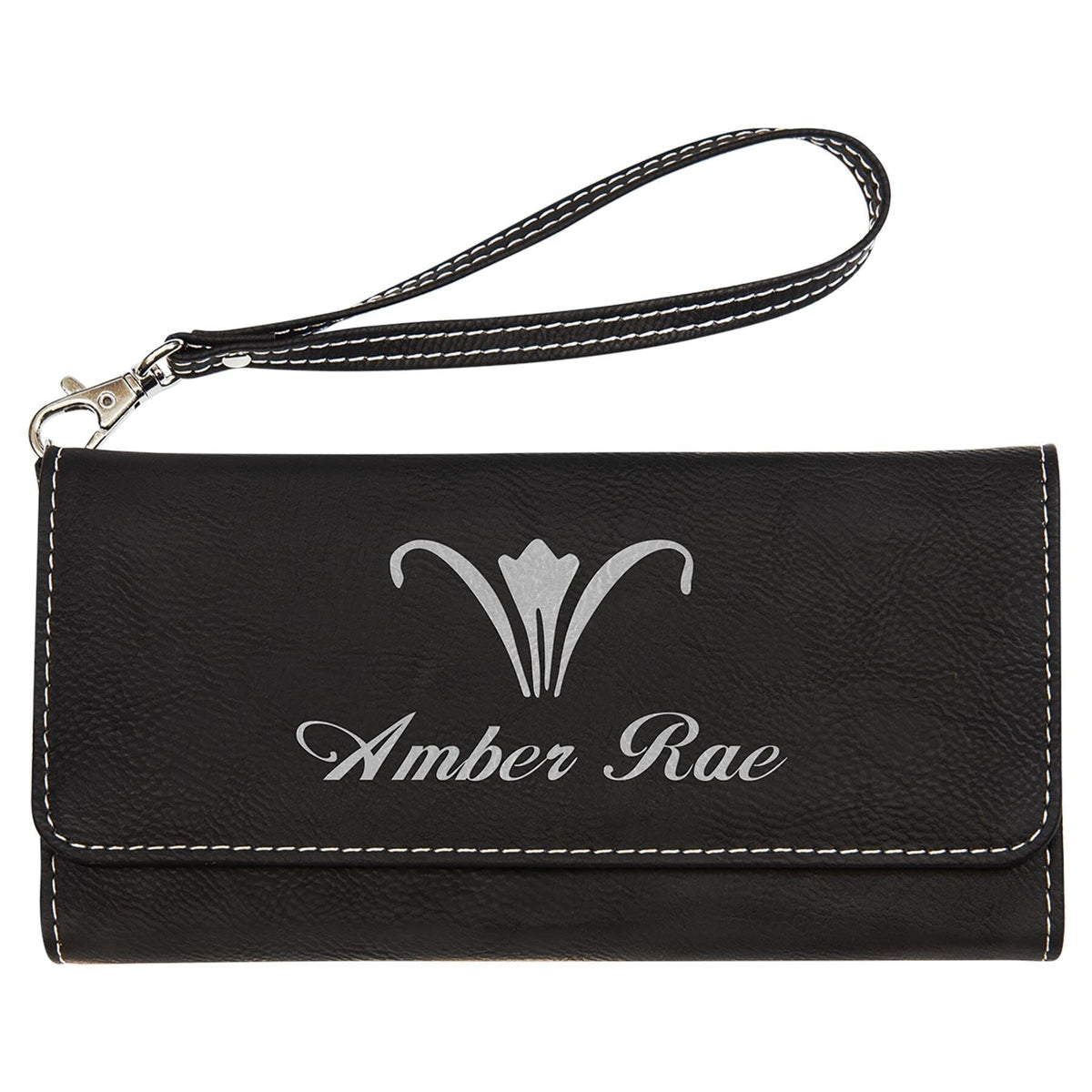 Wallet w/Strap, Laserable Leatherette Signature Cutouts Black/Silver 