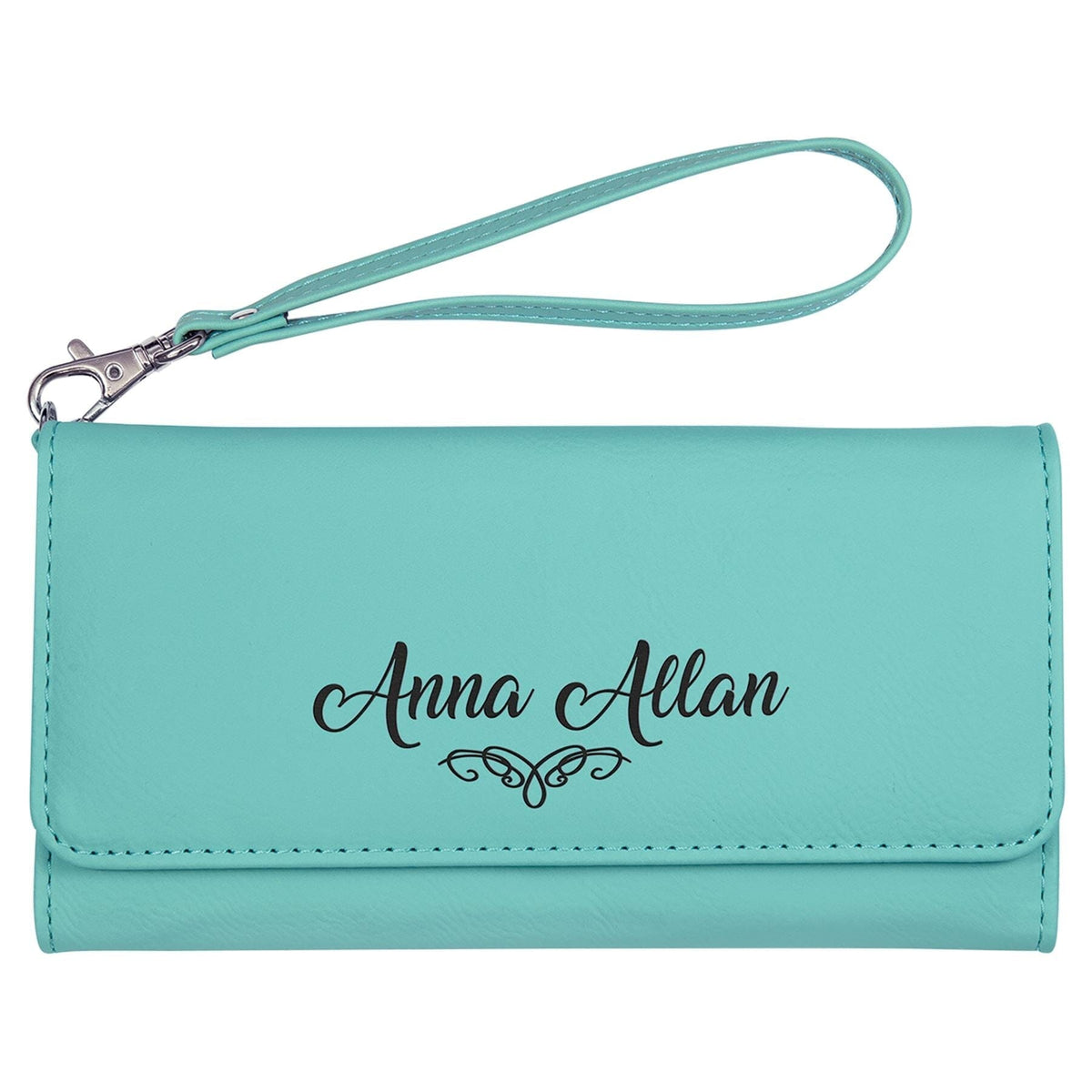 Wallet w/Strap, Laserable Leatherette Signature Cutouts Teal/Black 
