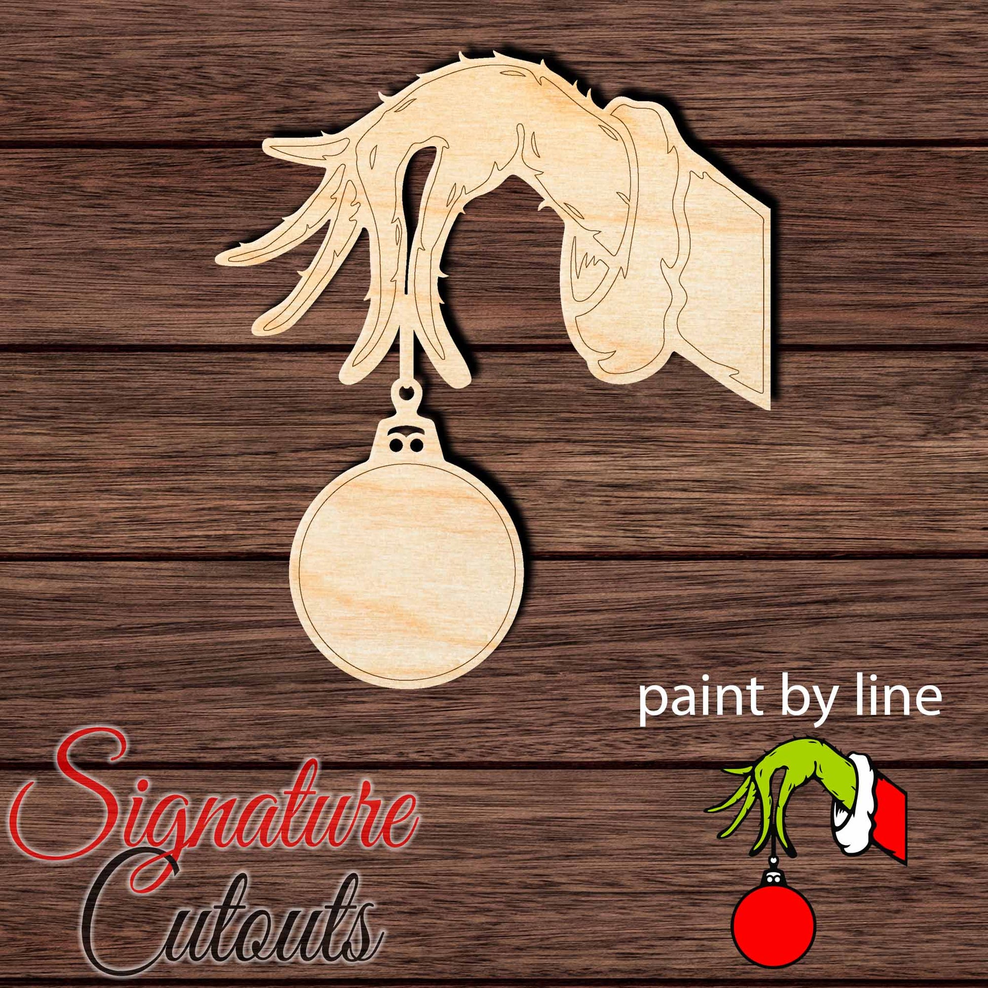 Grinch Holding Ornament Shape Cutout - Paint by Line in Wood, Acrylic or Acrylic Mirror - Signature Cutouts